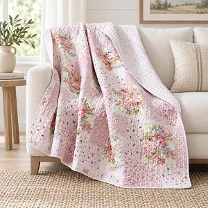 Soul & Lane - Pink Cotton Quilted Throw Blanket, 50" x 60", Cottage Bloom
