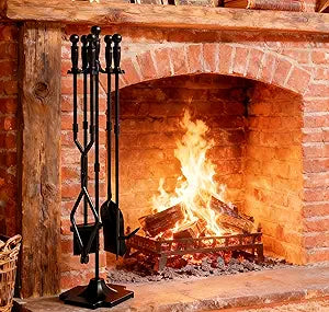 Fire Beauty Fireplace Tools, 5 Pieces Fireside Accessories Fire Kit Set,Woodstove Tools Holder Wrought Iron Handle Indoor Fireset Stand (32 Inches)
