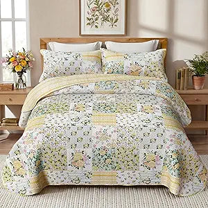 Yellow Patchwork Queen Quilt Floral Queen Size Quilt 3 Pieces Full Bedding Set Reversible Soft Lightweight Bedspread Coverlet for All Season, 90"x96" (1 Quilt, 2 Pillow Shams)