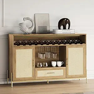 BELLEZE Coffee Bar Cabinet, 55" Rattan Liquor Cabinet, Boho Farmhouse Sideboard Buffet Cabinet with Storage, Accent Bar Cabinet for Living Room, Dining Room, and Entryway - Marcel (Camel)