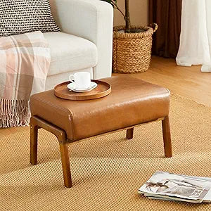 Glitzhome 15.5"(H) Footrest Stool, Leatherette Ottoman, Accent Padded Sofa Foot Stool for Accent Chair, Wood Frame Foot Rest Ottoman for Living Room, Bedroom, Yellowish-Brown