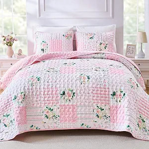 Full Queen Size Pink Floral Quilt Bedding Set Reversible Patchwork Quilted Bedspread Coverlet Set 3-Piece Lightweight Comforter Bed in a Bag Queen Bed Sheet Set Cover Blanket with 2 Pillow Shams