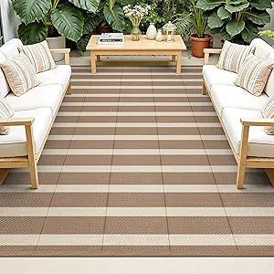 Vaukki Waterproof Outdoor Rug 6x9, Reversible Striped Patio Rug, Lightweight Plastic Straw Camping Mat, Indoor Outdoor RV Carpet for Outsides, Patio, Camping, Balcony, RV and Deck, Brown and Beige