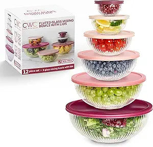 COOK WITH COLOR 12 Pc Glass Mixing Bowl Set with Lids Borosilicate Glass Nesting Bowls for Cooking, Baking and Meal Prep, Fluted Rose