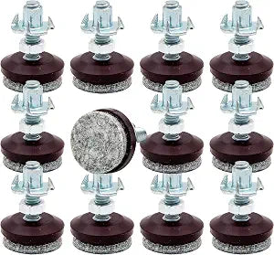 HUAYY 12 Pack Adjustable Furniture Leveling Feet, 1/4-20 Threaded Stem, Integrated Felt Pads for Hardwood Floors, Fit Table Chair Cabinet Sofa Legs, Brown Base with Gray Felt