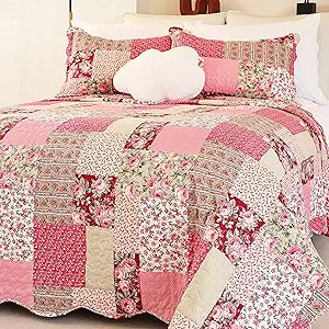 Cmfshape Summer Floral Queen Quilted Bedspread,Romantic Pink Quilt Set Full,Reversible Stitched Bedding Set All Season,Soft Lightweight Coverlet with Pillow Cases (Hot Pink&Rose, Queen90 x90)