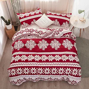 LAMEJOR Christmas Duvet Cover Set Queen Size Snowflake Decor Red Bedding Set Luxury Holiday Decoration(1 Duvet Cover+2 Pillowcases)