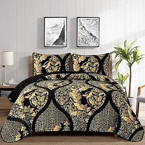 DJY Black Quilt Set King Size, Boho Gold Damask Bedspread Coverlet 3Pcs