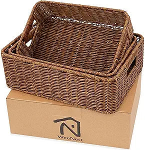Baskets for Organizing, Undershelf Wicker Storage, Hand Woven Organizer for Closet Organization, Rectangular, Set of 3, Toffee