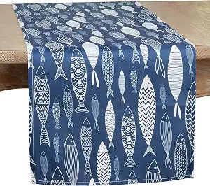 SARO LIFESTYLE School Collection Fish Design Table Runner, 16"x108", Navy Blue