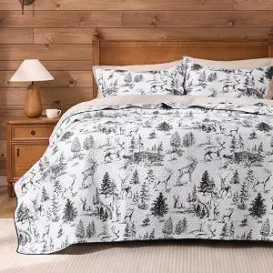 PPOLCA Rustic Queen Quilt Bedding Set, Christmas Lightweight Reversible Cabin Deer Bedspread Coverlet, 3-Piece Lodge Bed Cover Quilt with 2 Pillow Shams for All Season, White and Black