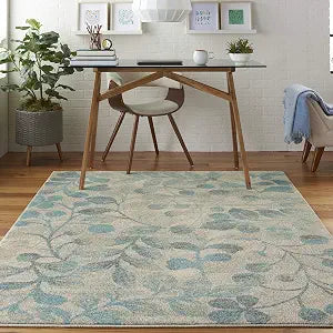 Nourison Home Tranquil Ivory/Turquoise 4' x 6' Area Rug - Easy Clean, Non Shedding, Bed Room, Living Room, Dining Room, Kitchen (4' x 6')