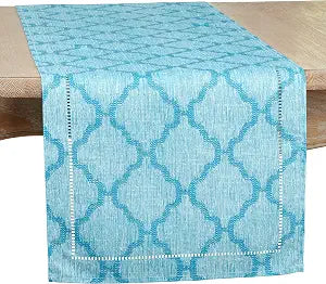 SARO LIFESTYLE Marrakesh Collection Laser-Cut Hemstitch Runner, 16"x90", Turquoise