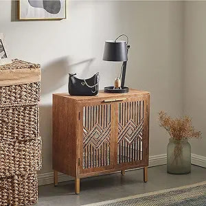 COZAYH 2 Door Accent Cabinet, Wood Sideboard Storage Furniture with Modern Geometric Mirror Front, Freestanding Home and Kitchen Cabinet, Brown/Silver