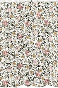 Sweet Jojo Designs Vintage Floral Boho Bathroom Fabric Bath Shower Curtain - Blush Pink, Yellow, Green and White Shabby Chic Rose Flower Farmhouse