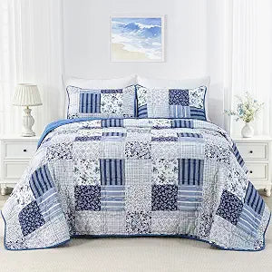 Full Queen Size Quilt Set Blue Floral Bedding Set 3-Piece Patchwork Reversible Quilted Bedspread Coverlet Set 3-Piece Lightweight Comforter Queen Bed Sheet Set Cover Blanket with 2 Pillow Shams