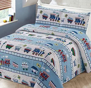 Kids Zone Home Linen 3pc Full/Queen Bedspread Coverlet Quilt Set for Boys Multi-Color Train Choo-Choo Rail Roads Tracks Wagon Blue White Red