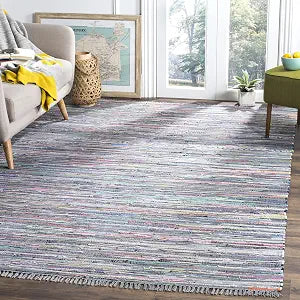 SAFAVIEH Rag Rug Collection Area Rug - 4' Square, Aqua & Multi, Handmade Boho Stripe Cotton, Ideal for High Traffic Areas in Living Room, Bedroom (RAR121K)