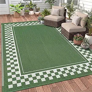 Dunzy Checkered Outdoor Patio Rug, 5 x 8 ft Non-Slip Plastic Straw Checkered Carpet Indoor Outdoor Area Mat for Outside Rv Camping Deck Pool Beach Porch Backyard(Sage Green, Cream White)