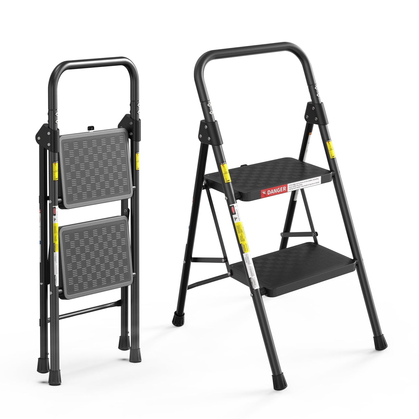 ASoopher Folding 2 Step Ladder, Heavy Sturdy Steel Portable 2 Step Stool with Handrail, Safe-Lock Design, For Kitchen, Garage & Outdoor Use, White