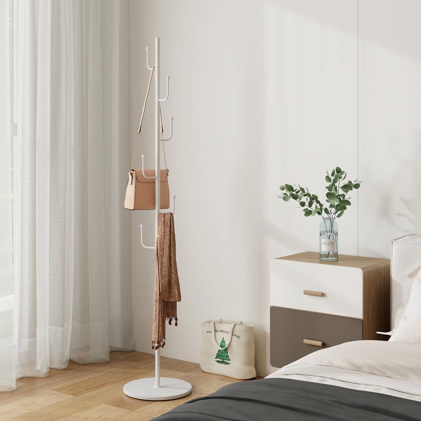 Abble Coat Rack 6 Hooks 64.5 in Freestanding Metal Coat Rack Coat and Hat Hanger Organizer Rack Garment Stand with White Stone Base for Home, Office, Entryway, Hallway, White