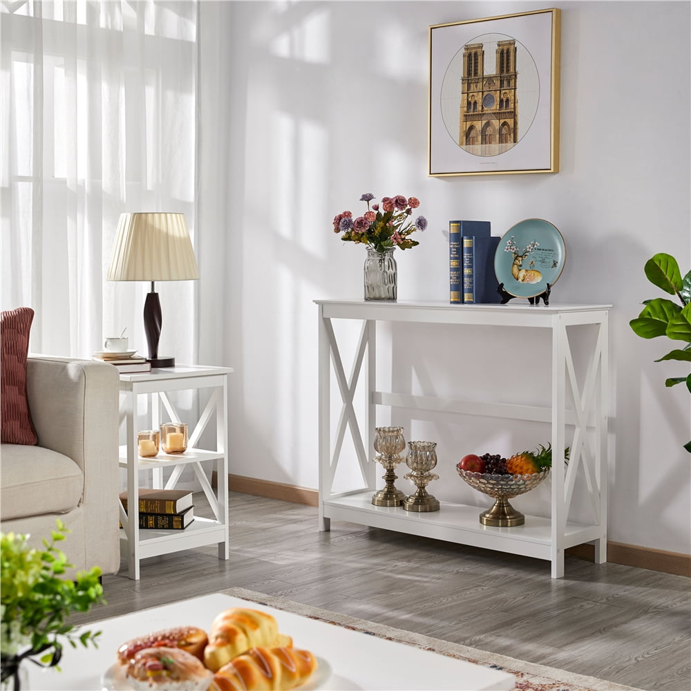 Alden Design 2-Tier X Design Wood Console Table with Shelf for Entryway Living Room, White