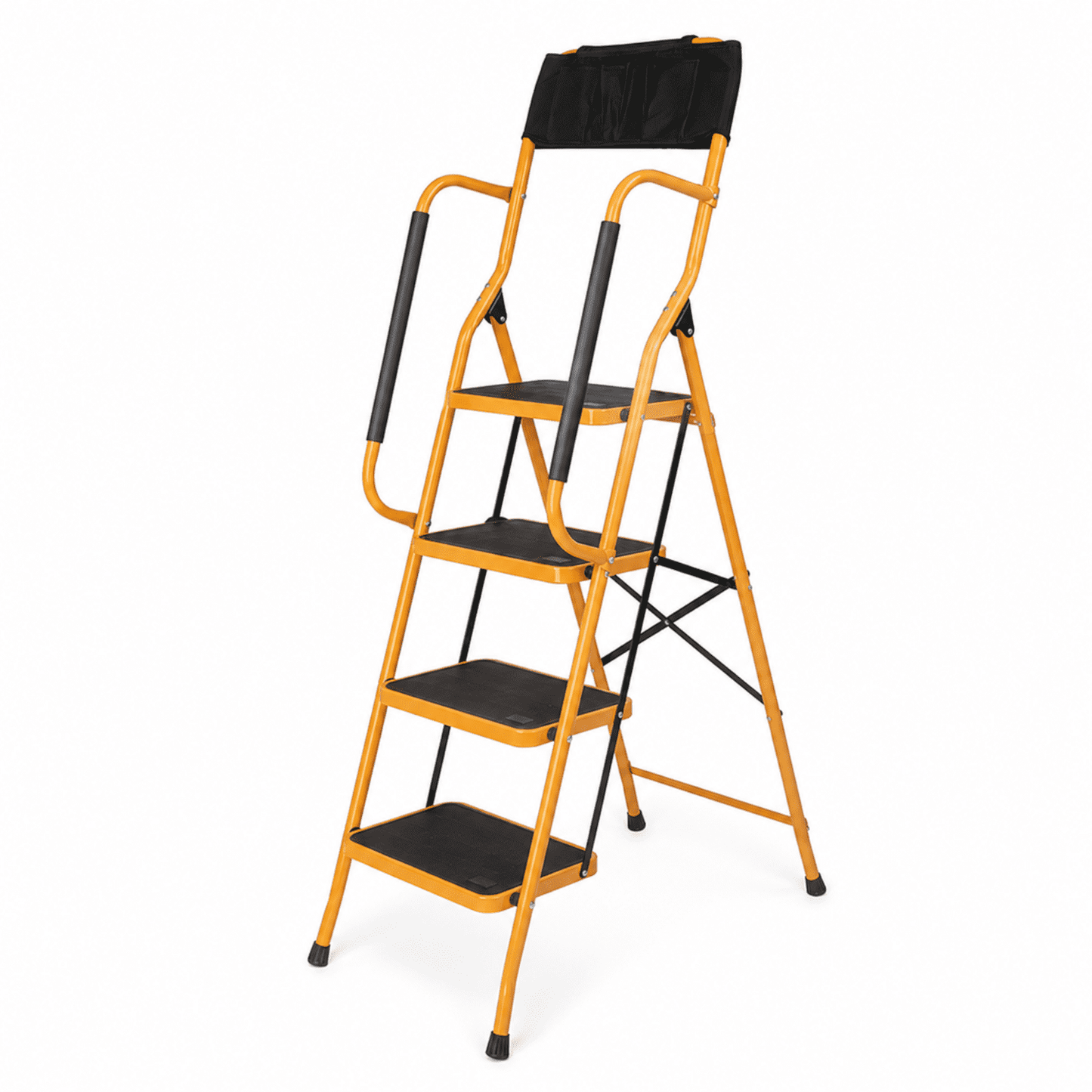 Alvantor Iron 4-Step Ladder with Handrails and Tool Bag, Ginger Yellow