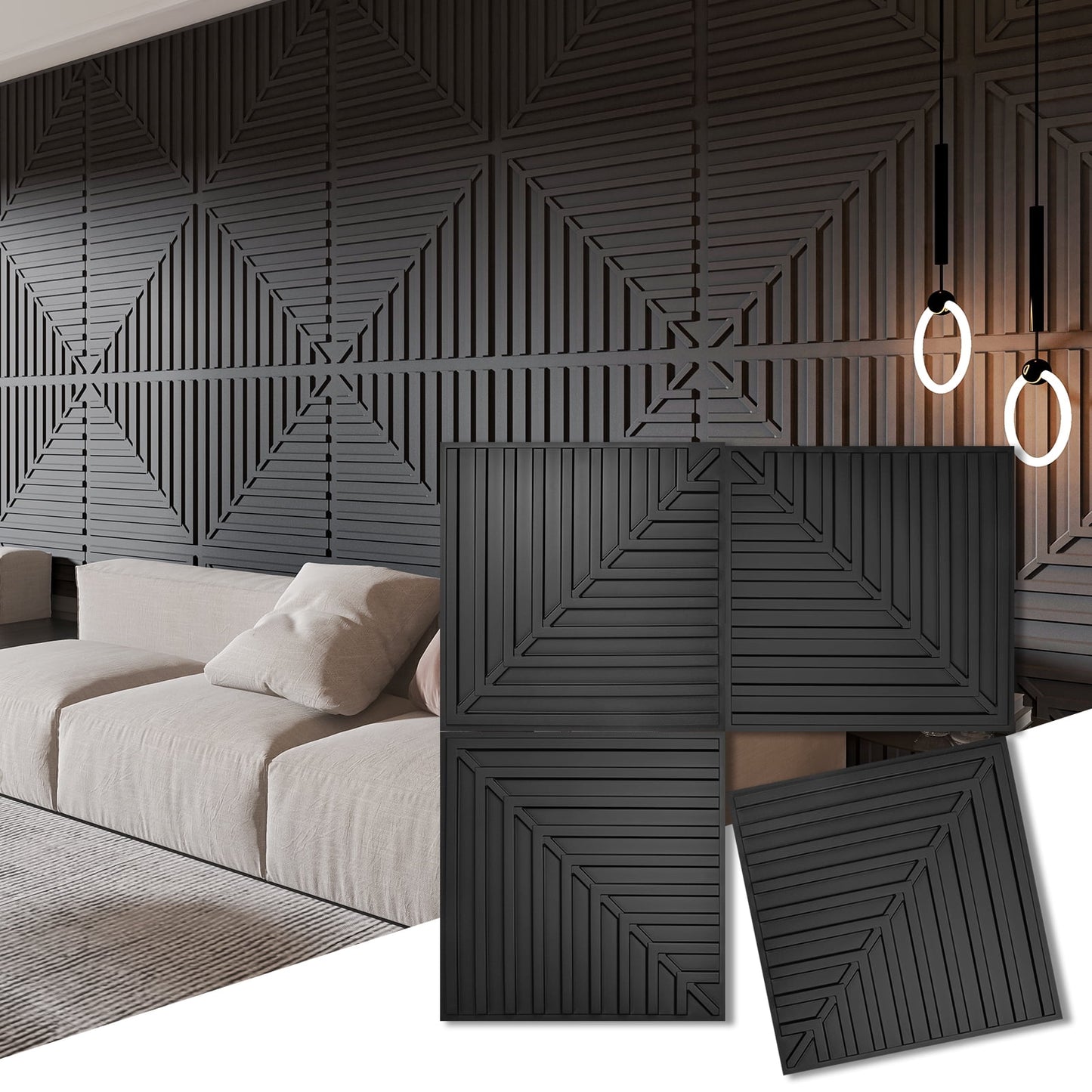 Art3d 24''X24'' Black Drop Ceiling Tiles, PVC 3D Textured Panels for Interior Wall Décor,12-Pack,48sq.ft.