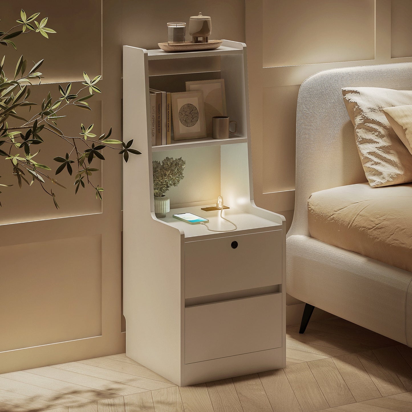 Aukfa Modern Nightstand with Charging Station & Night Light,Bedside Tables for Bedroom,White