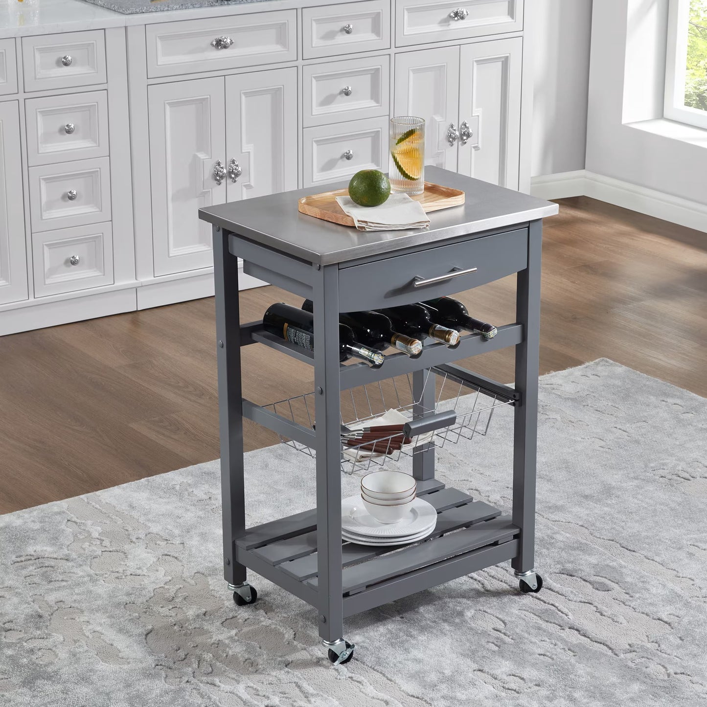 Avobird Kitchen Island Cart, Mobile Kitchen Cart with 22inch Stainless Steel Countertop/Underneath Drawer/Slide-Out Wire Storage Basket, Gray