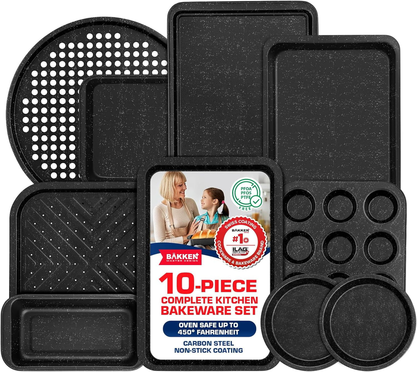 Bakken- Swiss 10-Piece Kitchen Baking Pan Set - Commercial Grade Carbon Steel Bakeware with Nonstick Coating, Stackable and Space-Saving Design, Oven Safe Tray (up to 450°F), Gray Marble