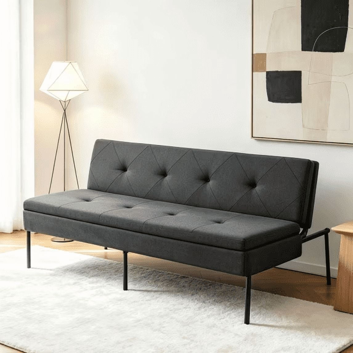 BSHTI 63.39†Futon Sofa Bed, 5 Adjustable Positions, Iron Frame with Black, Polyester Fabric, Convertible Sleeper for Living Room Office, Small Spaces,Dark Gray