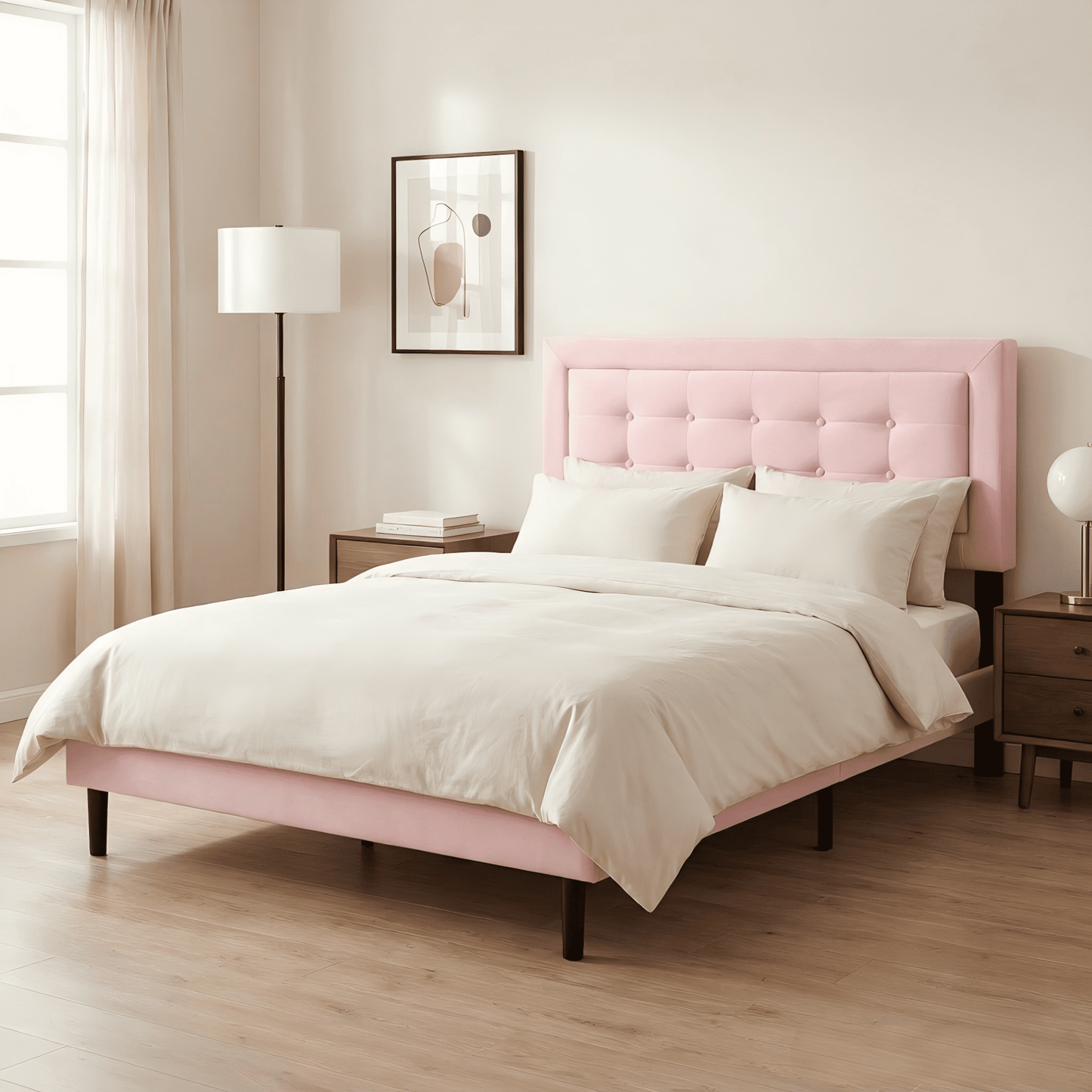 BSHTI Queen Size Platform Bed Frame with Square Tufted Upholstered Headboard – Solid Wood Frame, 10 Wood Slats, Center Support Leg, Under-Bed Clearance, No Box Spring Needed, Pink