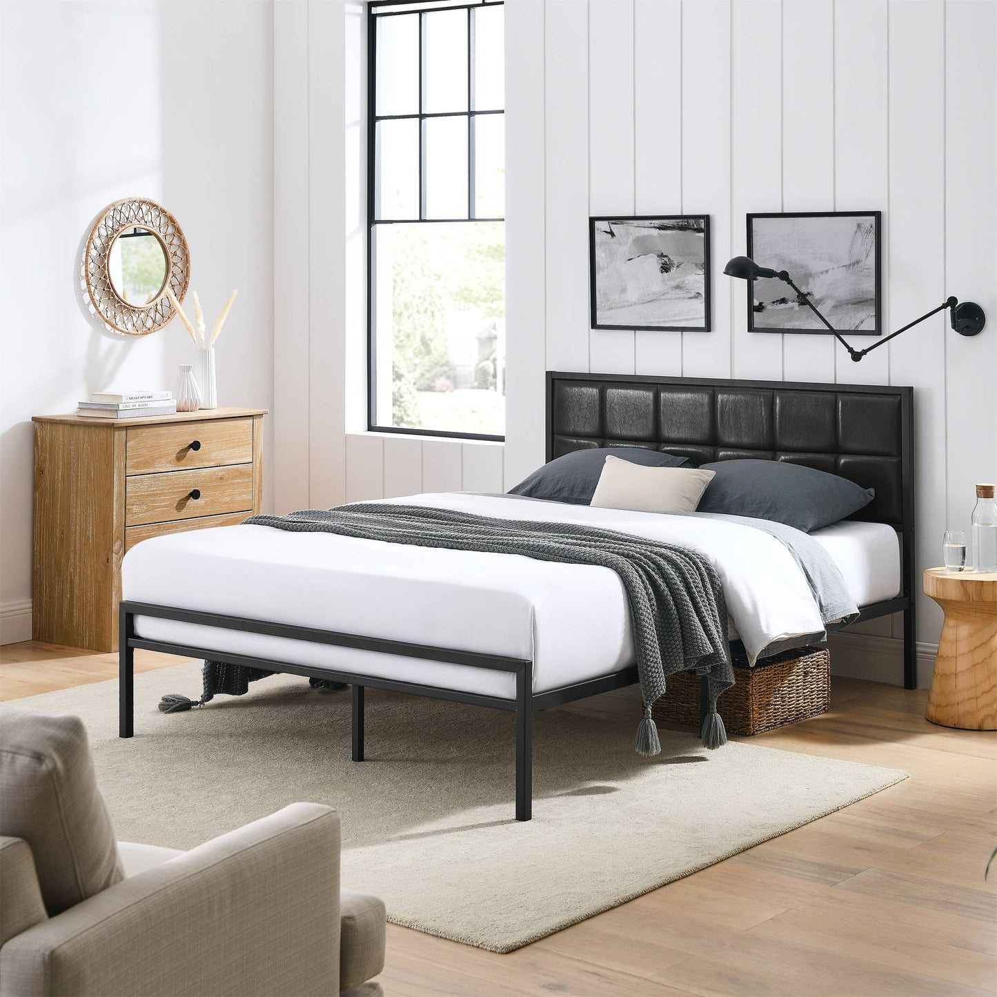 BSHTI Modern Queen Size Metal Platform Bed Frame with Upholstered Headboard and wood slats support for Livingroom,No Box Spring Needed