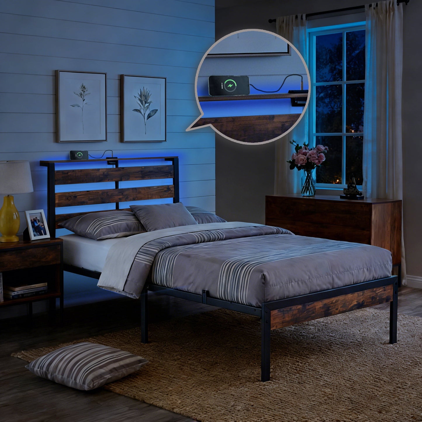 BSHTI Twin Size LED Bed Frame with Metal Frame, RGB Lights & Storage Headboard, No Box Spring Needed, Under-Bed Storage, for Bedroom, Dorm, or Guest Room,Rustic Brown