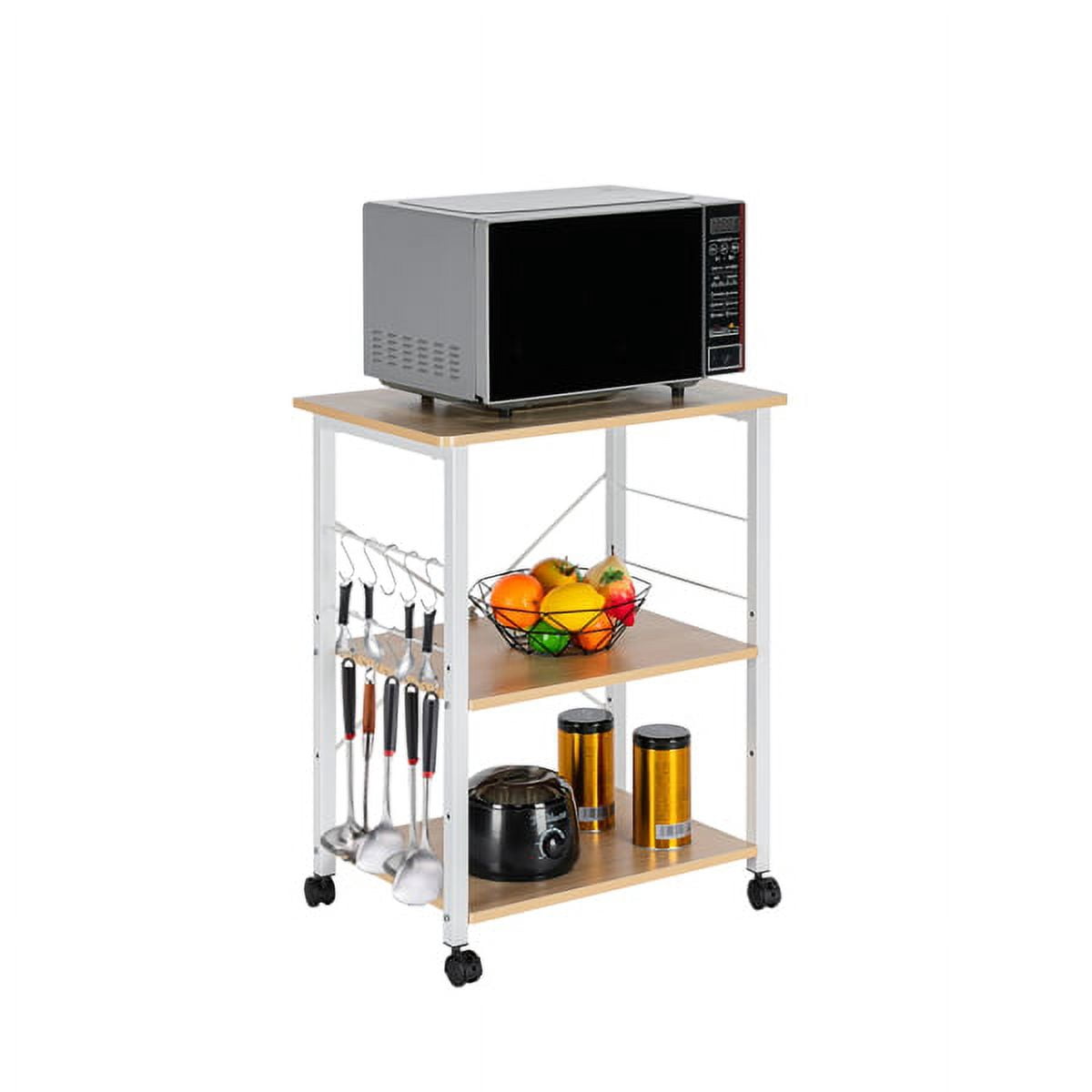 Estante de Cocina de 3 Niveles para Horno de Microondas, Soporte de Almacenamiento, Estación de Trabajo (Marco de Metal Blanco con Parte Superior Beige Claro)