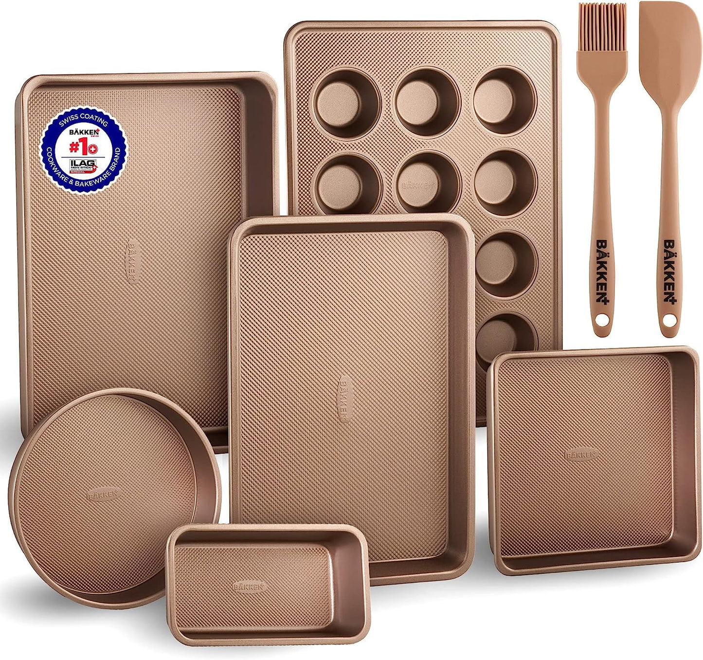 Bakken- Swiss 8-Piece Kitchen Baking Pan Set - Commercial Grade Carbon Steel Bakeware with Nonstick Coating, Stackable and Space-Saving Design, Oven Safe Tray (up to 450°F), Gold