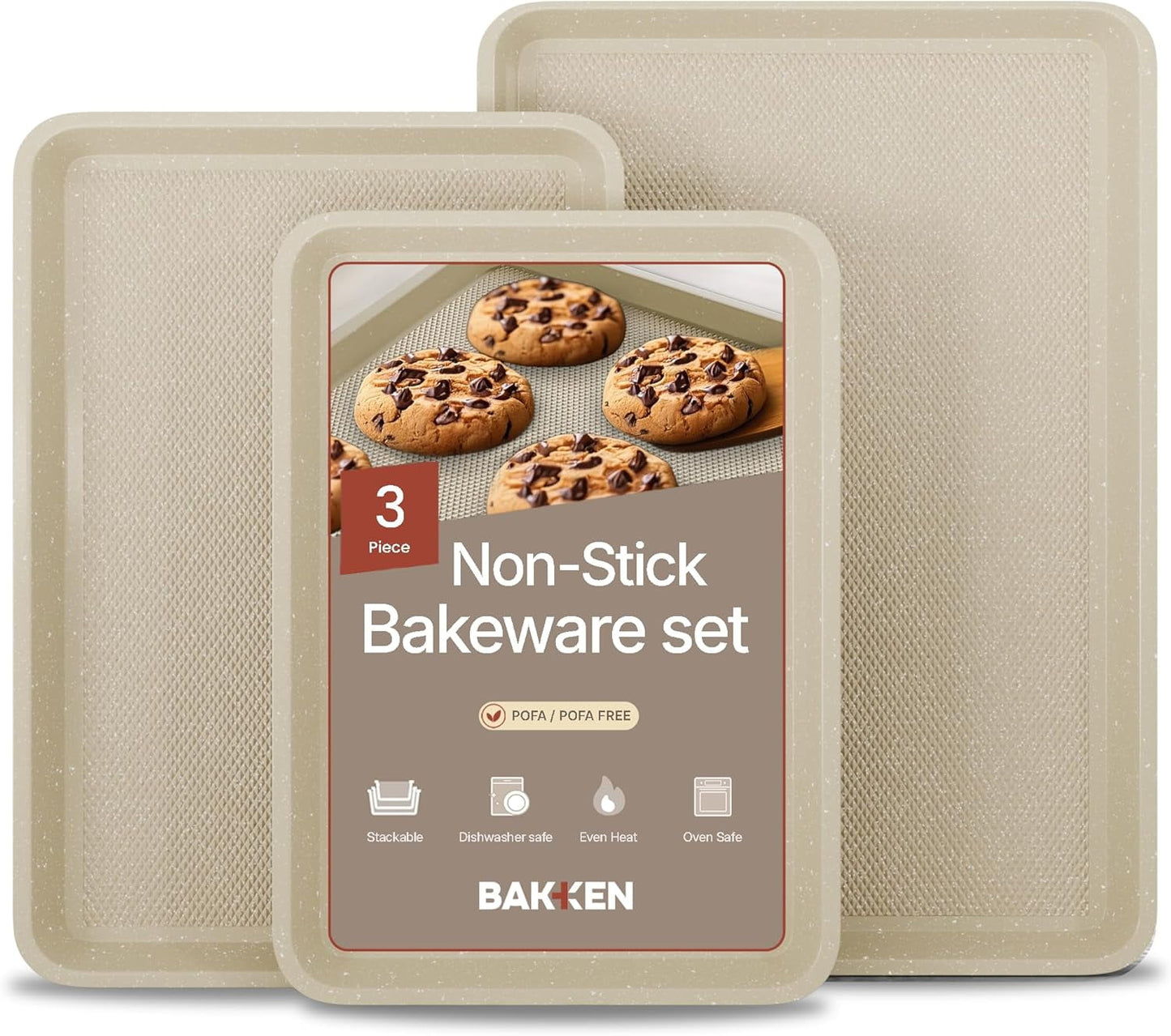 Bakken Kitchen 3-Piece Nonstick Baking Pan Set, Small, Medium, Large Cookie Sheets, White Marble, Oven Safe to 450°F