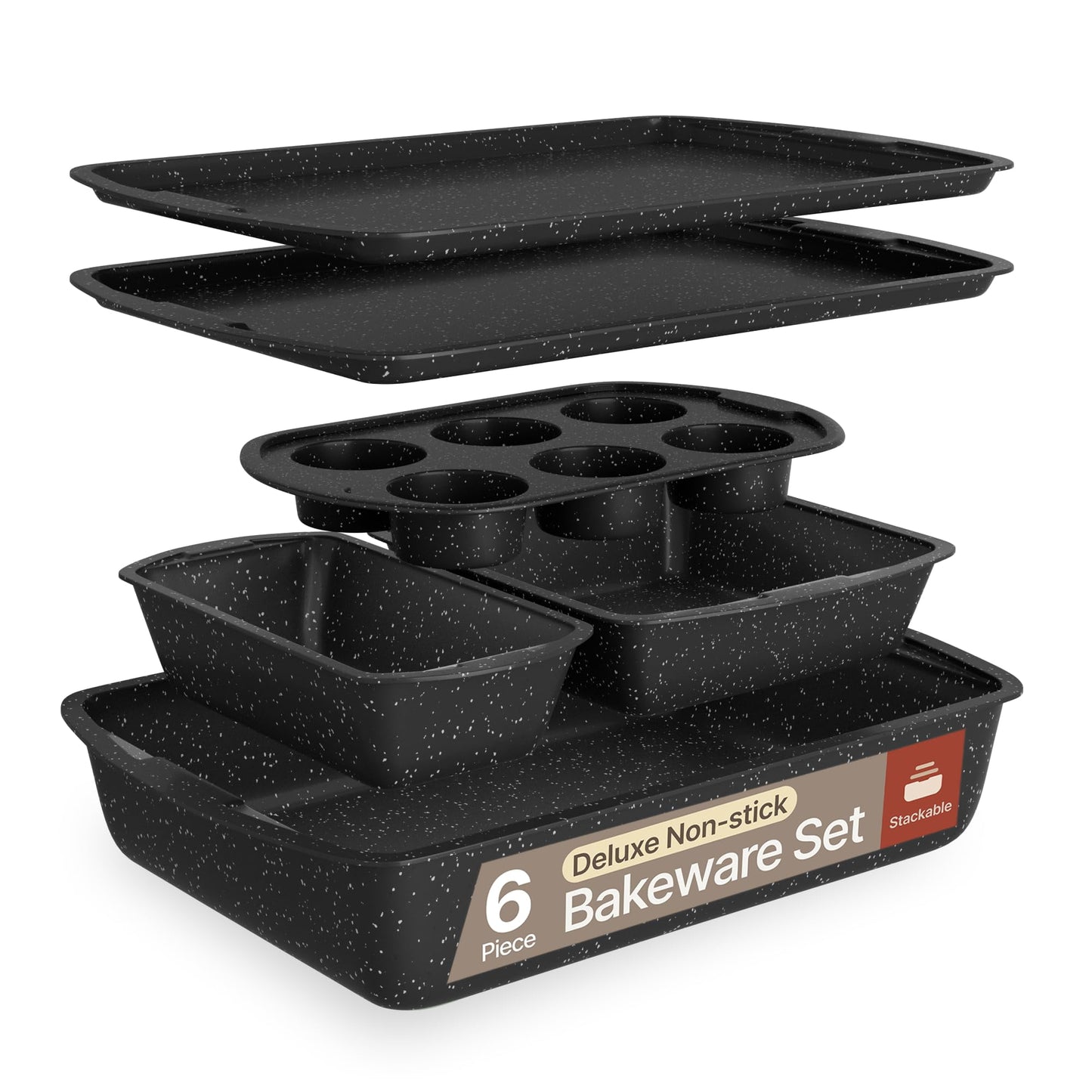Bakken- Swiss Kitchen Baking Pan Set - Nonstick Gray Marble Coating, Commercial Grade Carbon Steel, Baking Kitchen Essentials, Oven Safe Tray (Up To 450° F), Set of 6