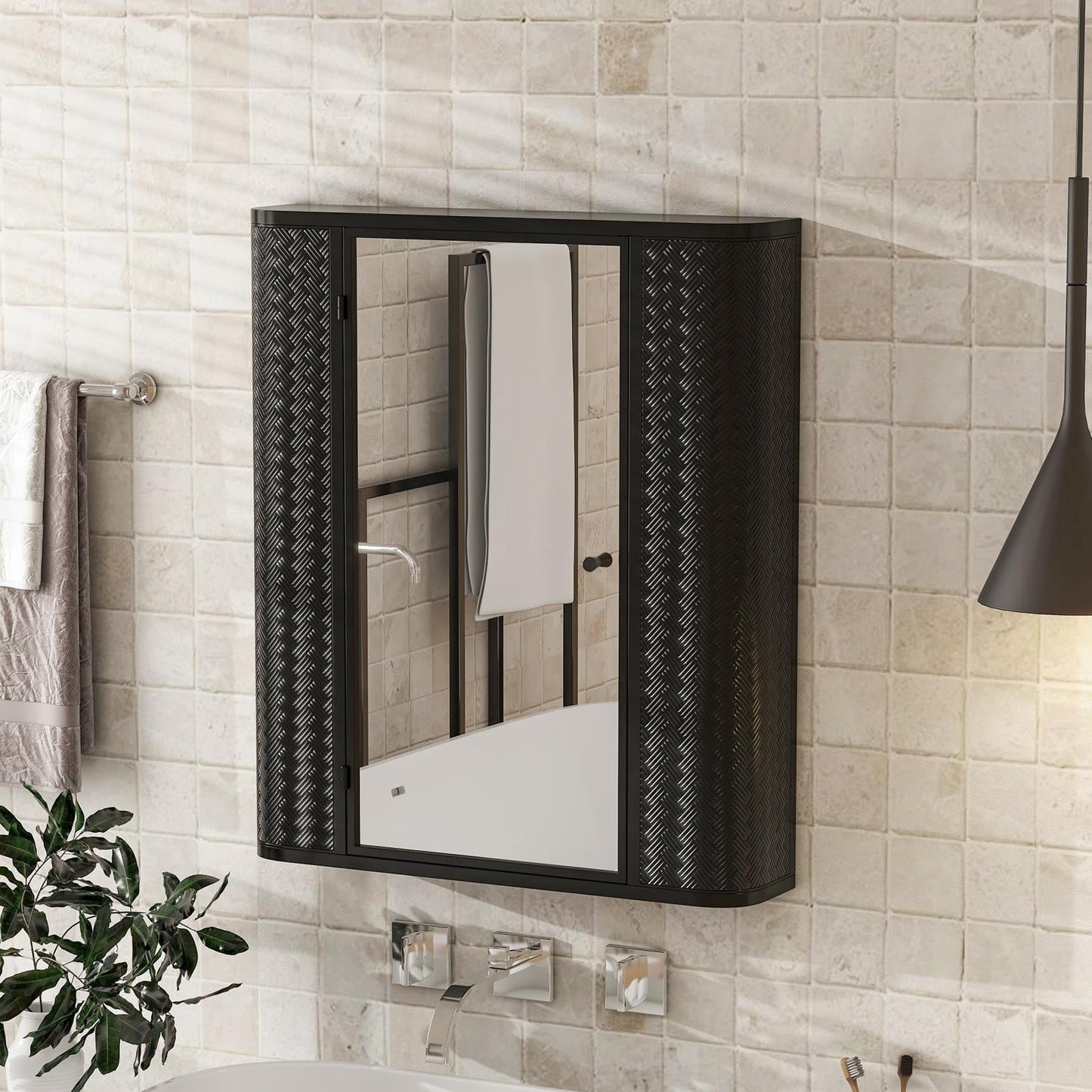 Bathroom Medicine Cabinet Over The Toilet Storage Wall Mounted Mirror Cabinet, with Glass Shelf Open Compartment and Magnetic Closure, Bathroom Organizer Antique Black