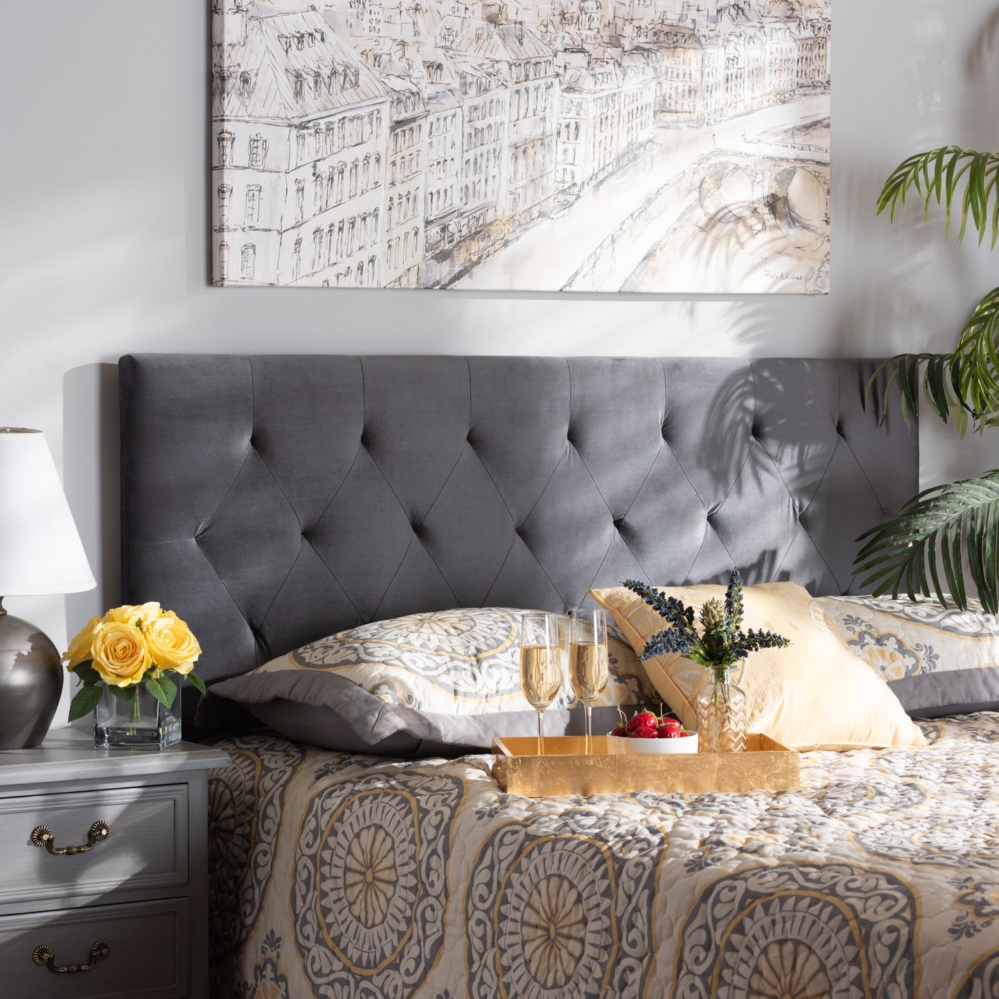 Baxton Studio Felix Modern and Contemporary Grey Velvet Fabric Upholstered Queen Size Headboard
