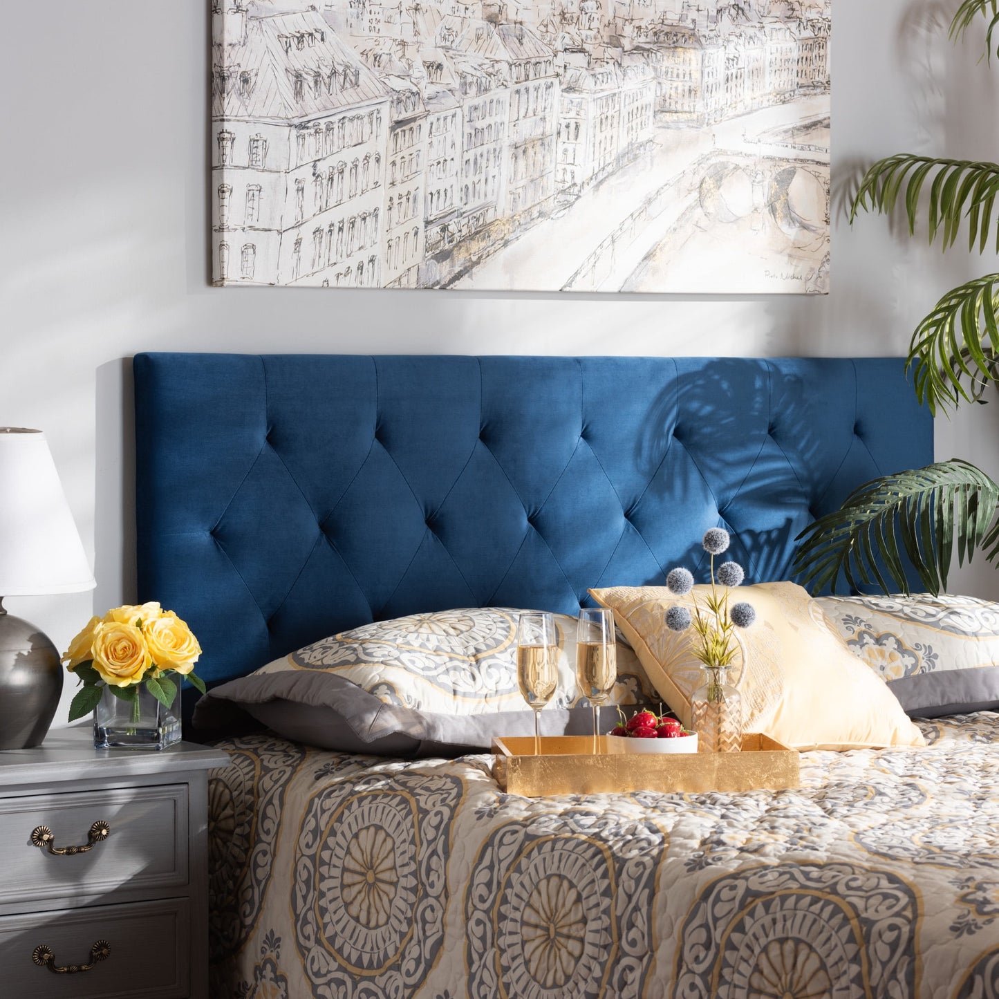Baxton Studio Felix Modern and Contemporary Navy Blue Velvet Fabric Upholstered Queen Size Headboard