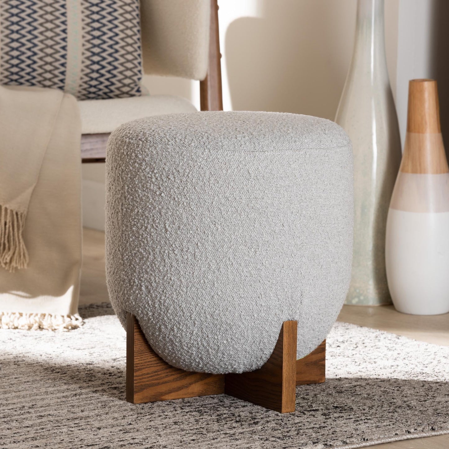 Baxton Studio Fisk Japandi Light Grey Boucle Fabric and Walnut Brown Finished Wood Ottoman Footstool
