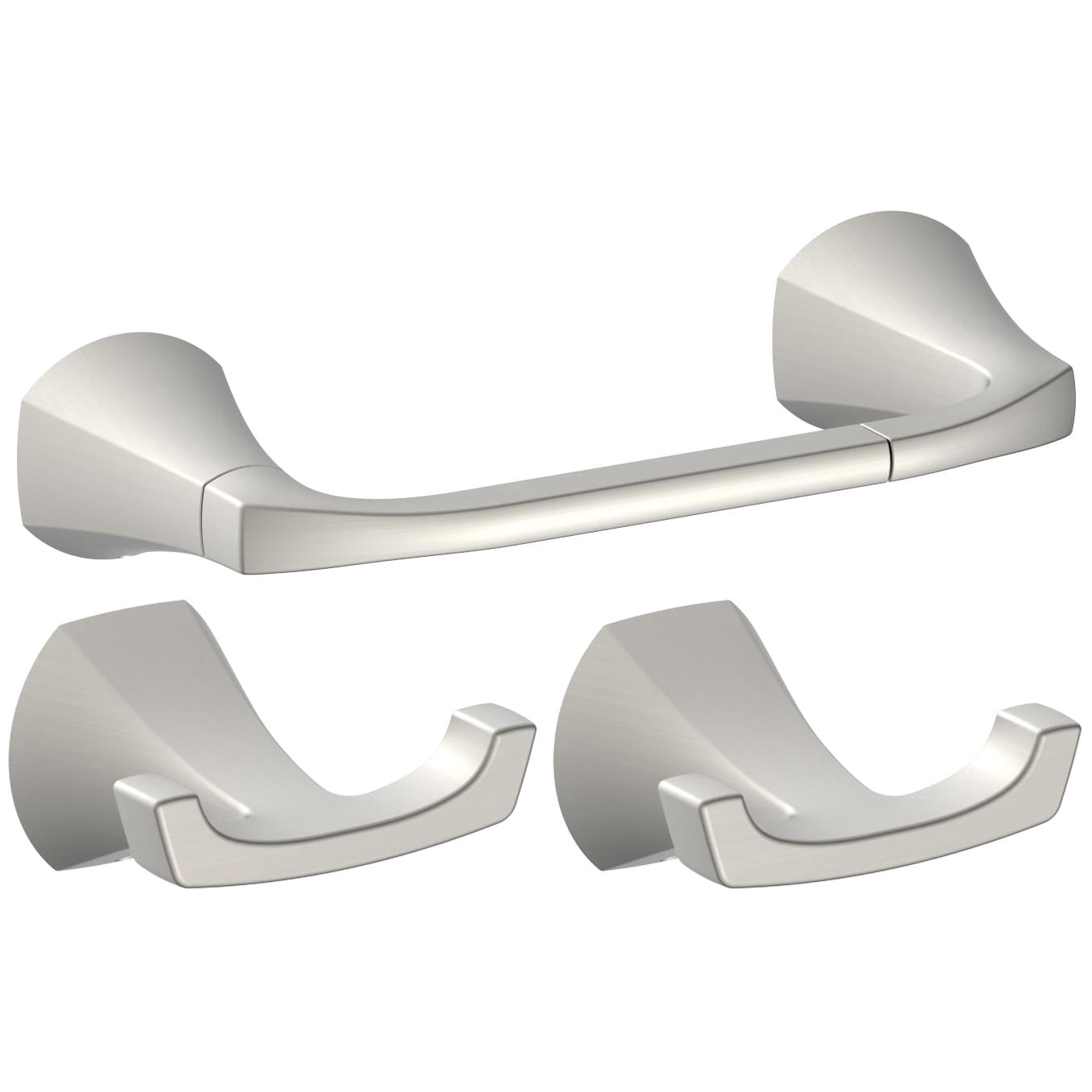 Better Homes & Gardens Simple Flare Bathroom Accessory Set – Satin Nickel (3-Piece Set: 1 Toilet Paper Holder + 2 Robe Hooks)