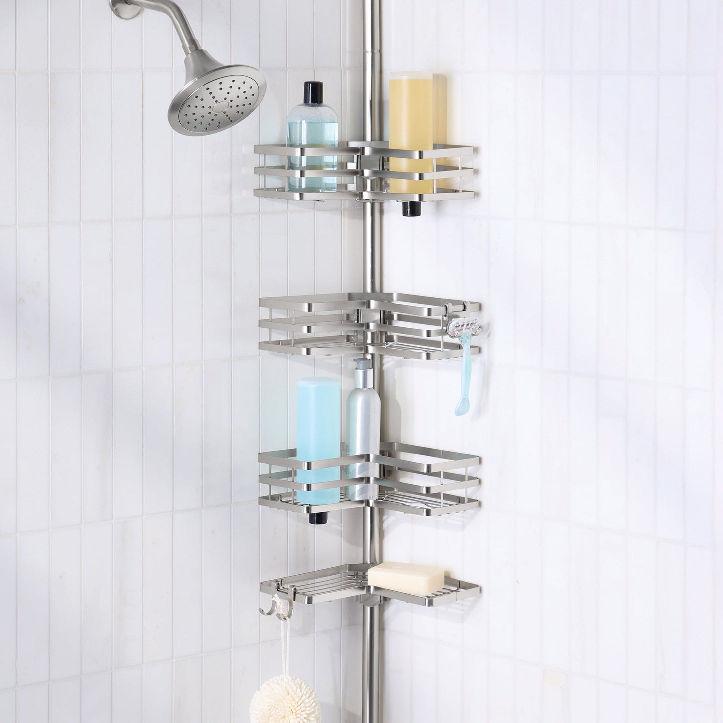 Better Homes & Gardens 4-Tier Rust Resistant Tension Pole Shower Caddy, Satin Nickel