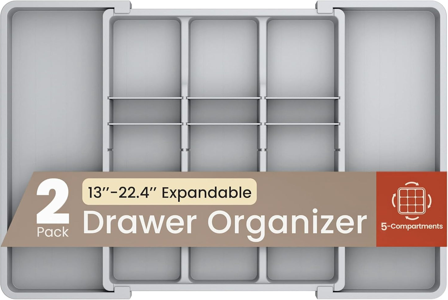 Black Expandable Utensil Drawer Organizer 2 Pack, Adjustable 13†to 22.4â€, 5 Compartment Silverware Organizer for Kitchen Utensils, Spatulas, Cutlery, and Tools, Easy to Clean, Durable, and BPA-Free