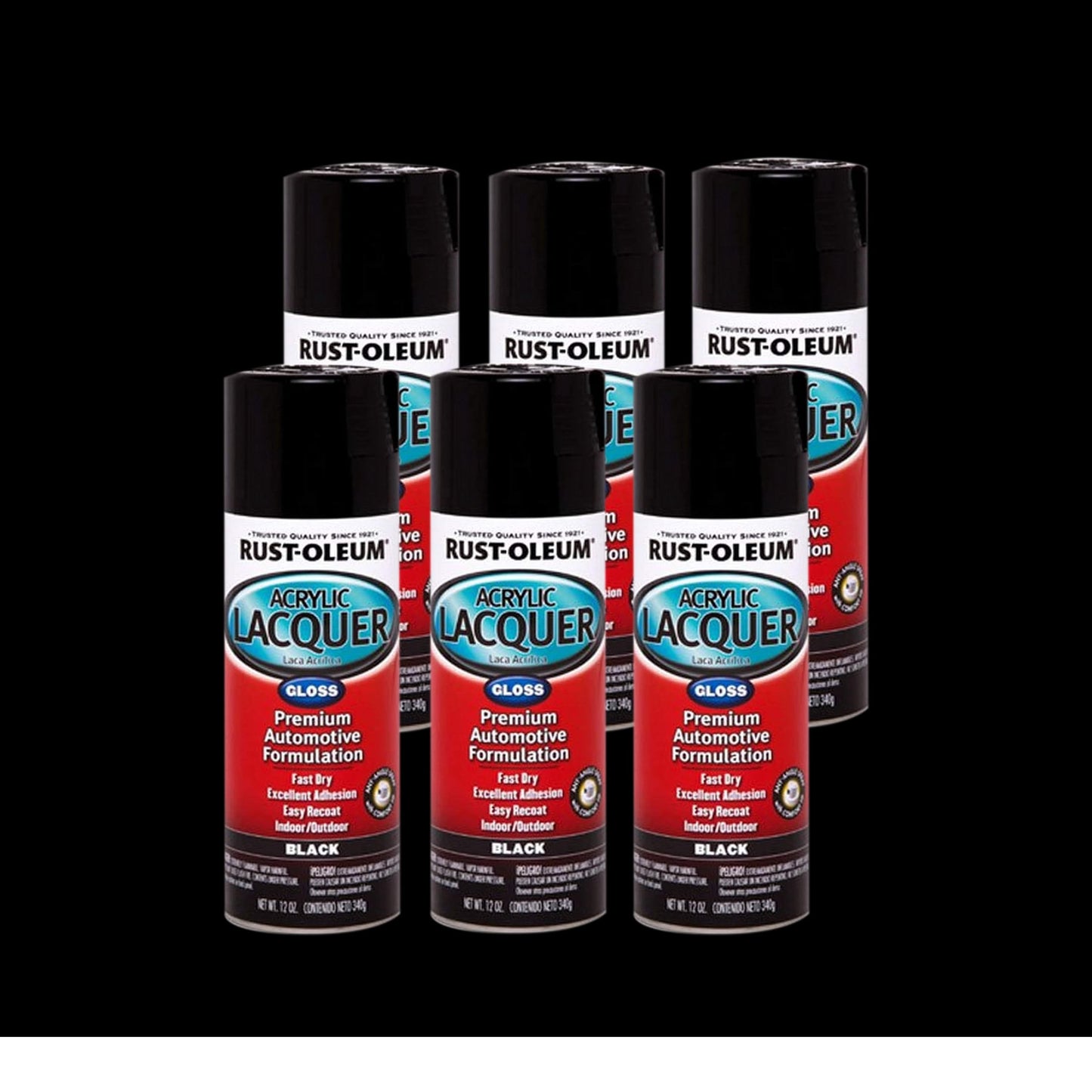 6 Pack, Black, Rust-Oleum Automotive Gloss Acrylic Lacquer Spray Paint-253365, 12 oz
