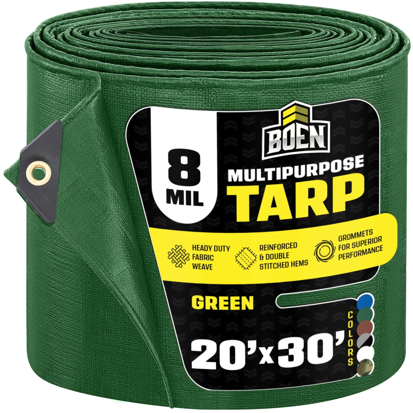 BOEN 20 x 30 ft 8 Mil Green Tarp, Medium Duty Waterproof Tarp