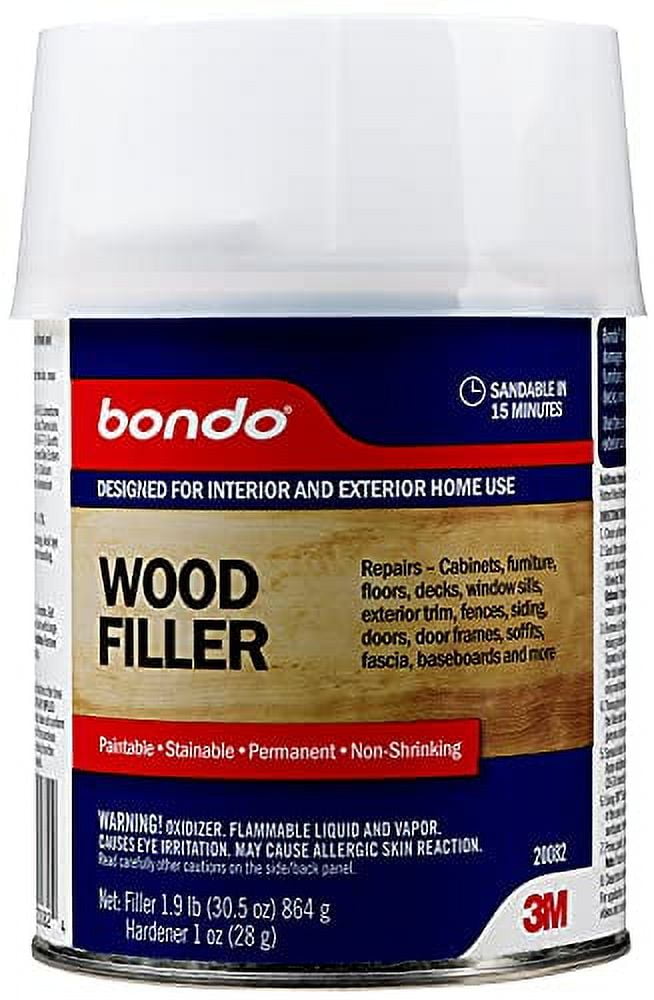 3M Bondo Wood Filler – 30 fl oz, High-Performance Two-Part Formula for Interior and Exterior Wood Repairs, Fast-Curing, Paintable, Stainable