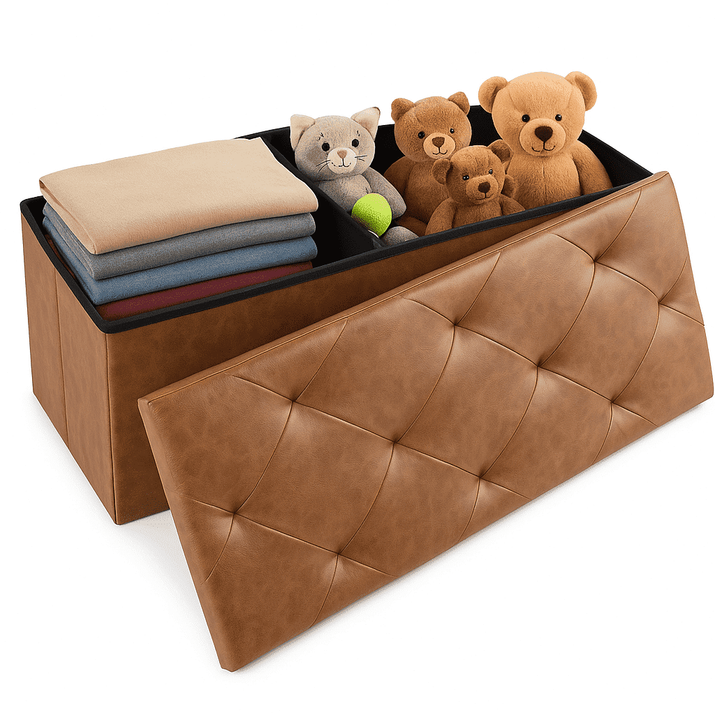 CONCETTA 43" Storage Ottoman – Foldable Faux Leather Stool with Storage, 660 lb Capacity, for Bedroom, Living Room, Entryway, Brown
